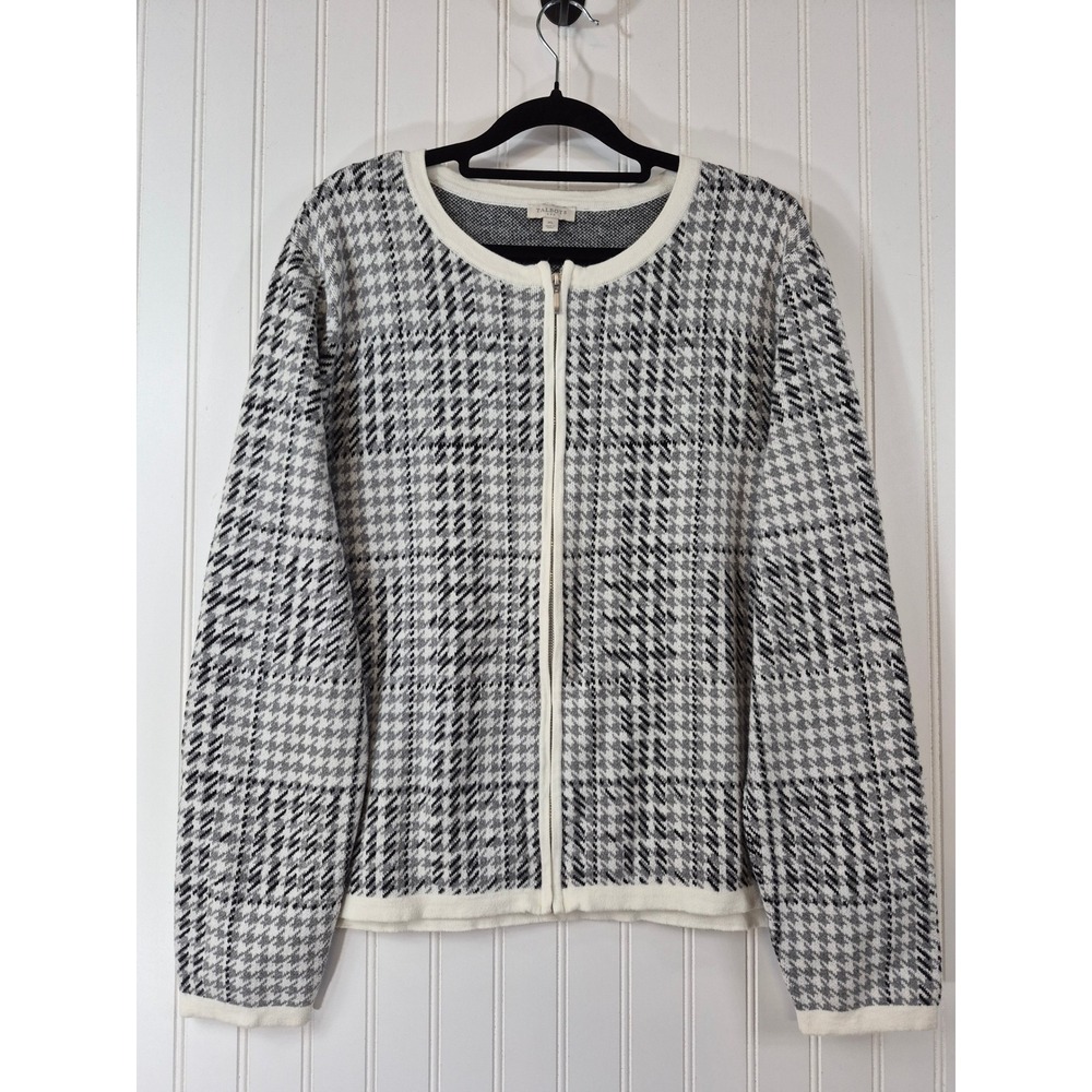 Talbots Houndstooth Zip Front Cardigan Sweater Black White Cotton XL Preppy